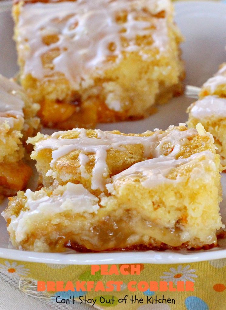 Peach Breakfast Cobbler | Can't Stay Out of the Kitchen | this quick & easy 6-ingredient #recipe is terrific for a company or #holiday #breakfast. It uses a boxed cake mix and #peach pie filling. Love this breakfast #coffeecake.