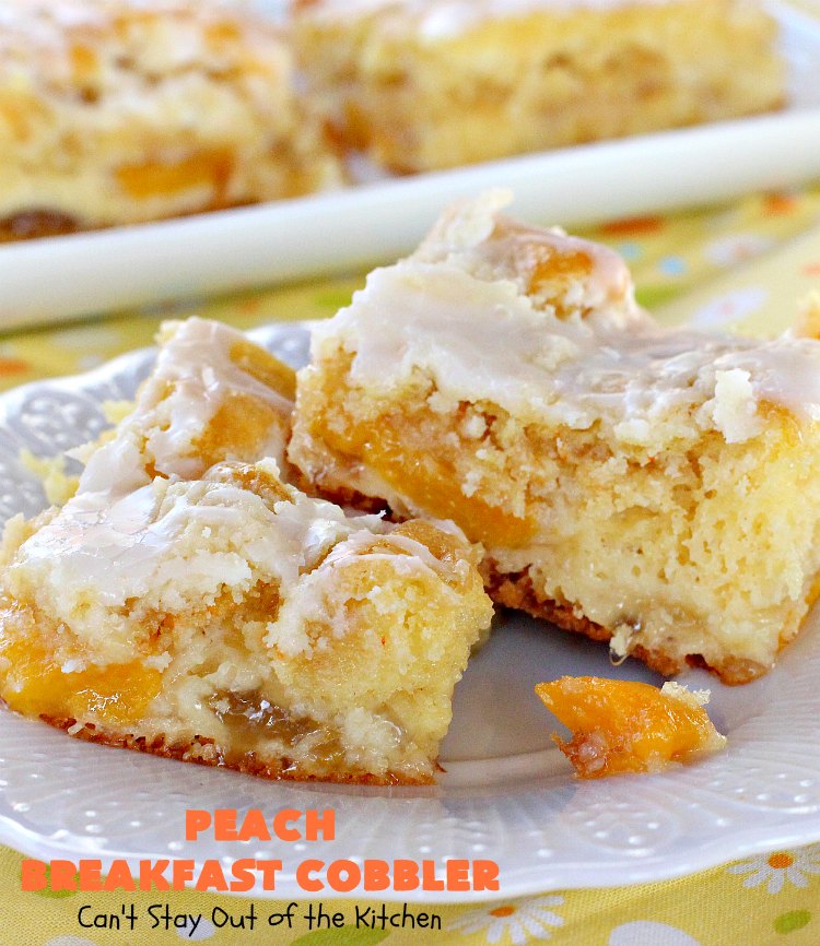 Peach Breakfast Cobbler | Can't Stay Out of the Kitchen | this quick & easy 6-ingredient #recipe is terrific for a company or #holiday #breakfast. It uses a boxed cake mix and #peach pie filling. Love this breakfast #coffeecake.
