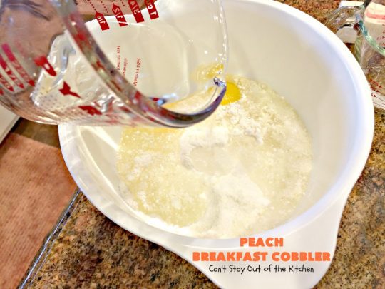 Peach Breakfast Cobbler | Can't Stay Out of the Kitchen | this quick & easy 6-ingredient #recipe is terrific for a company or #holiday #breakfast. It uses a boxed cake mix and #peach pie filling. Love this breakfast #coffeecake.
