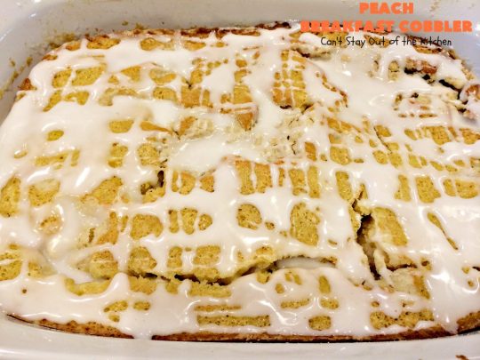 Peach Breakfast Cobbler | Can't Stay Out of the Kitchen | this quick & easy 6-ingredient #recipe is terrific for a company or #holiday #breakfast. It uses a boxed cake mix and #peach pie filling. Love this breakfast #coffeecake.
