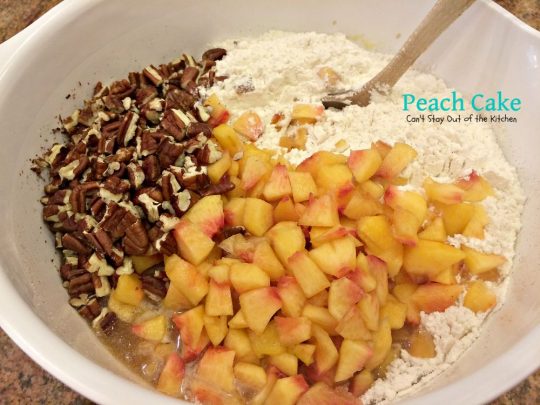 Peach Cake | Can't Stay Out of the Kitchen | spectacular #cake made with #peaches and #pecans. This one has a scrumptious brown sugar glaze. #dessert