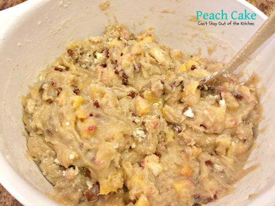 Peach Cake | Can't Stay Out of the Kitchen | spectacular #cake made with #peaches and #pecans. This one has a scrumptious brown sugar glaze. #dessert