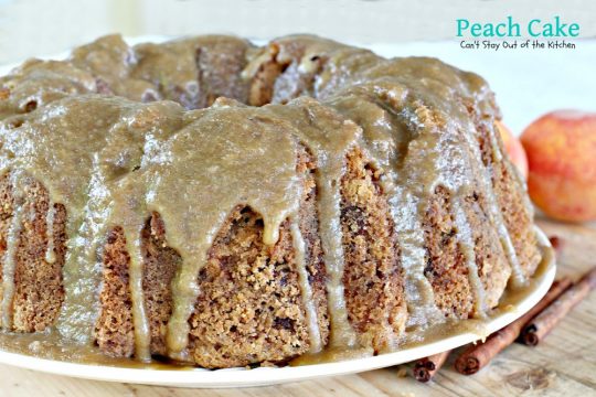 Peach Cake | Can't Stay Out of the Kitchen | spectacular #cake made with #peaches and #pecans. This one has a scrumptious brown sugar glaze. #dessert