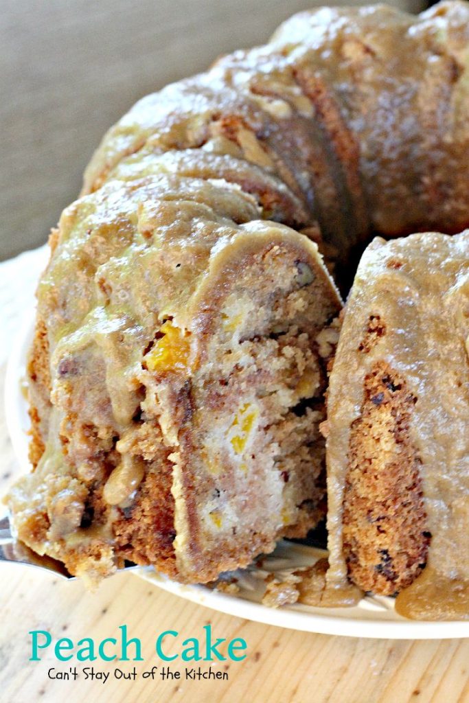 Peach Cake | Can't Stay Out of the Kitchen | spectacular #cake made with #peaches and #pecans. This one has a scrumptious brown sugar glaze. #dessert