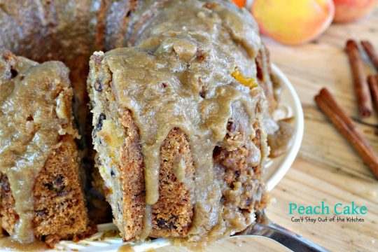 Peach Cake | Can't Stay Out of the Kitchen | spectacular #cake made with #peaches and #pecans. This one has a scrumptious brown sugar glaze. #dessert
