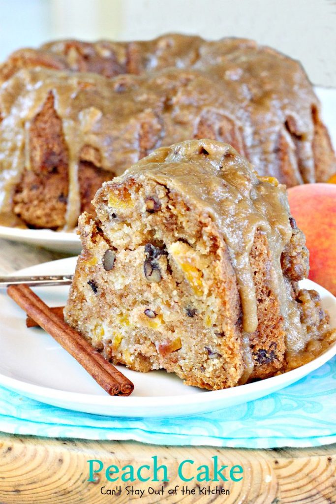 Peach Cake | Can't Stay Out of the Kitchen | spectacular #cake made with #peaches and #pecans. This one has a scrumptious brown sugar glaze. #dessert