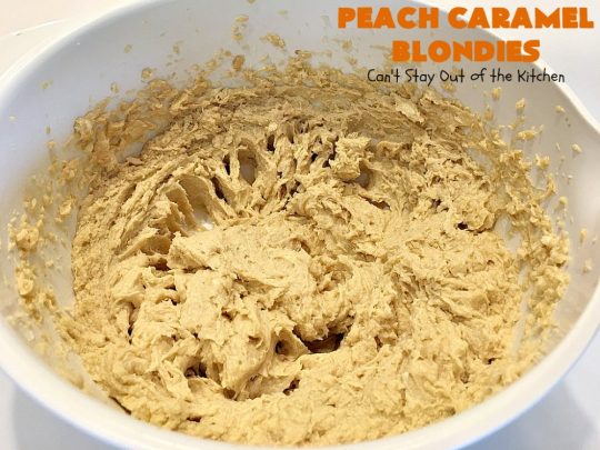 Peach Caramel Blondies | Can't Stay Out of the Kitchen | these lovely #cookies are divine! They're filled with fresh #peaches & #Ghirardelli #caramel chips. Terrific fall #dessert. #peachdessert #CANbassador #WashingtonStateFruitCommission #WashingtonStateStoneFruitGrowers