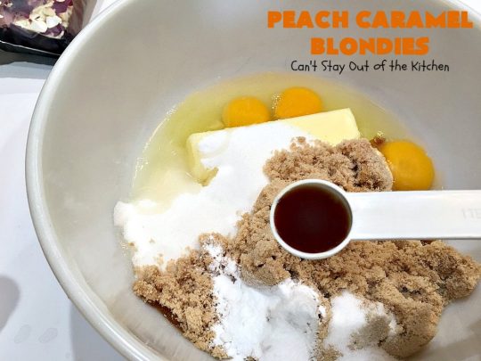 Peach Caramel Blondies | Can't Stay Out of the Kitchen | these lovely #cookies are divine! They're filled with fresh #peaches & #Ghirardelli #caramel chips. Terrific fall #dessert. #peachdessert #CANbassador #WashingtonStateFruitCommission #WashingtonStateStoneFruitGrowers
