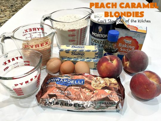Peach Caramel Blondies | Can't Stay Out of the Kitchen | these lovely #cookies are divine! They're filled with fresh #peaches & #Ghirardelli #caramel chips. Terrific fall #dessert. #peachdessert #CANbassador #WashingtonStateFruitCommission #WashingtonStateStoneFruitGrowers