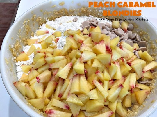 Peach Caramel Blondies | Can't Stay Out of the Kitchen | these lovely #cookies are divine! They're filled with fresh #peaches & #Ghirardelli #caramel chips. Terrific fall #dessert. #peachdessert #CANbassador #WashingtonStateFruitCommission #WashingtonStateStoneFruitGrowers