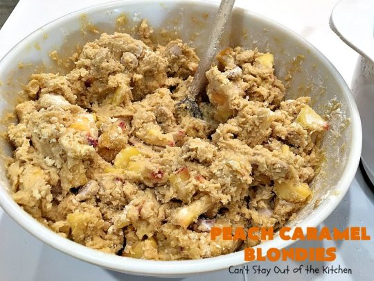 Peach Caramel Blondies | Can't Stay Out of the Kitchen | these lovely #cookies are divine! They're filled with fresh #peaches & #Ghirardelli #caramel chips. Terrific fall #dessert. #peachdessert #CANbassador #WashingtonStateFruitCommission #WashingtonStateStoneFruitGrowers