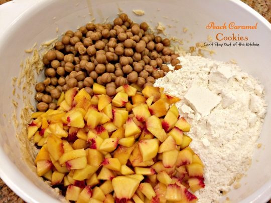 Peach Caramel Cookies | Can't Stay Out of the Kitchen | #peaches and #caramel bits combine to make this the most heavenly #cookie you will ever taste. We loved these. #dessert