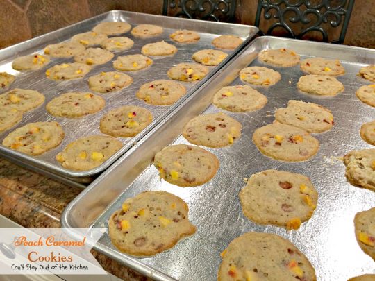 Peach Caramel Cookies | Can't Stay Out of the Kitchen | #peaches and #caramel bits combine to make this the most heavenly #cookie you will ever taste. We loved these. #dessert