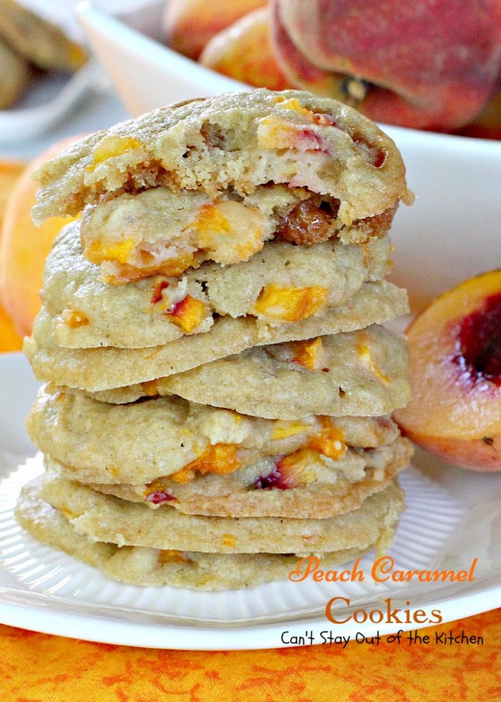 Peach Caramel Cookies | Can't Stay Out of the Kitchen | #peaches and #caramel bits combine to make this the most heavenly #cookie you will ever taste. We loved these. #dessert