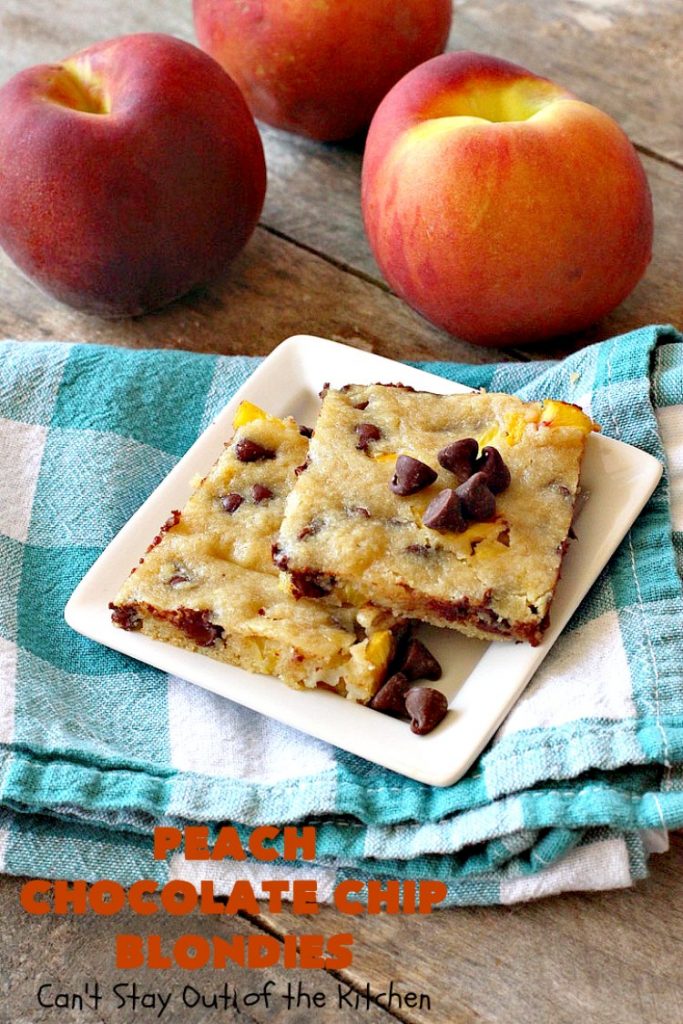 Peach Chocolate Chip Blondies | Can't Stay Out of the Kitchen | #peaches & #chocolatechips never tasted so well as they do in these amazing #cookies. This delicious #peachdessert will have you drooling after the first bite! #dessert #brownies #CANbassador #WashingtonStateFruitCommission #WashingtonState#stoneFruitGrowers