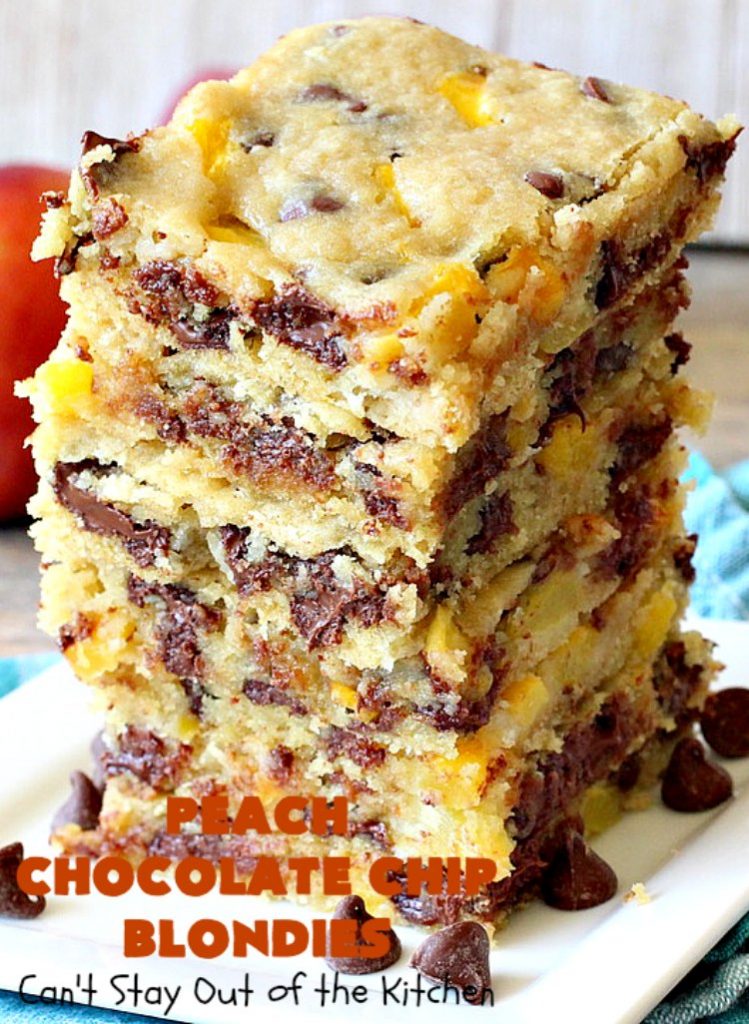 Peach Chocolate Chip Blondies | Can't Stay Out of the Kitchen | #peaches & #chocolatechips never tasted so well as they do in these amazing #cookies. This delicious #peachdessert will have you drooling after the first bite! #dessert #brownies #CANbassador #WashingtonStateFruitCommission #WashingtonState#stoneFruitGrowers