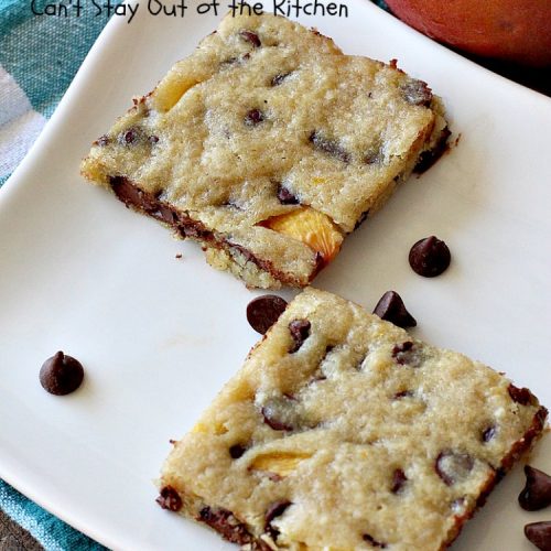Peach Chocolate Chip Blondies | Can't Stay Out of the Kitchen | #peaches & #chocolatechips never tasted so well as they do in these amazing #cookies. This delicious #peachdessert will have you drooling after the first bite! #dessert #brownies #CANbassador #WashingtonStateFruitCommission #WashingtonState#stoneFruitGrowers