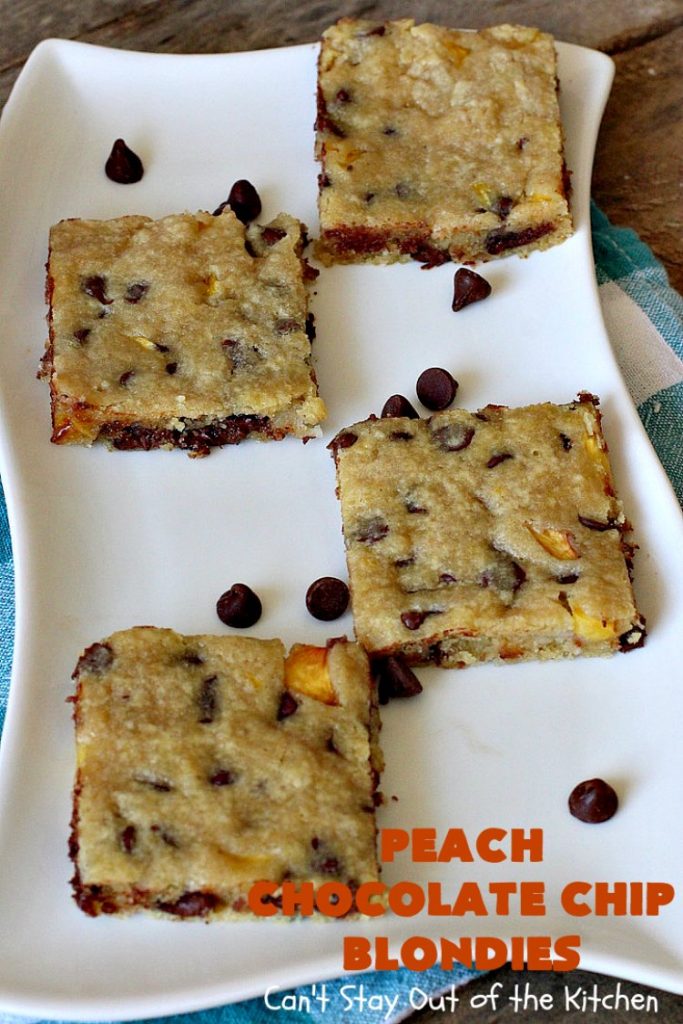 Peach Chocolate Chip Blondies | Can't Stay Out of the Kitchen | #peaches & #chocolatechips never tasted so well as they do in these amazing #cookies. This delicious #peachdessert will have you drooling after the first bite! #dessert #brownies #CANbassador #WashingtonStateFruitCommission #WashingtonState#stoneFruitGrowers