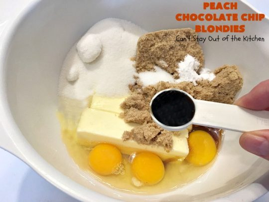 Peach Chocolate Chip Blondies | Can't Stay Out of the Kitchen | #peaches & #chocolatechips never tasted so well as they do in these amazing #cookies. This delicious #peachdessert will have you drooling after the first bite! #dessert #brownies #CANbassador #WashingtonStateFruitCommission #WashingtonState#stoneFruitGrowers