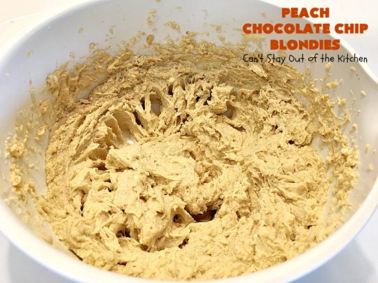 Peach Chocolate Chip Blondies | Can't Stay Out of the Kitchen | #peaches & #chocolatechips never tasted so well as they do in these amazing #cookies. This delicious #peachdessert will have you drooling after the first bite! #dessert #brownies #CANbassador #WashingtonStateFruitCommission #WashingtonState#stoneFruitGrowers