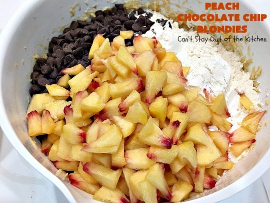 Peach Chocolate Chip Blondies | Can't Stay Out of the Kitchen | #peaches & #chocolatechips never tasted so well as they do in these amazing #cookies. This delicious #peachdessert will have you drooling after the first bite! #dessert #brownies #CANbassador #WashingtonStateFruitCommission #WashingtonState#stoneFruitGrowers