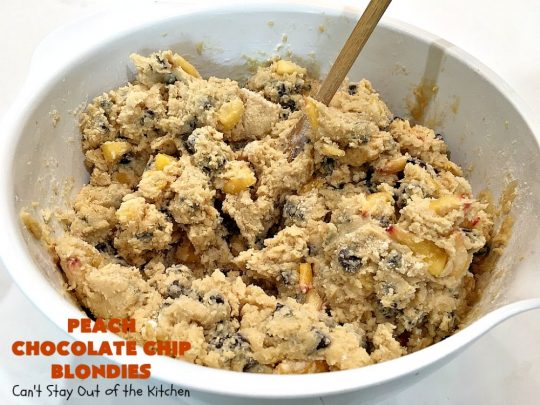 Peach Chocolate Chip Blondies | Can't Stay Out of the Kitchen | #peaches & #chocolatechips never tasted so well as they do in these amazing #cookies. This delicious #peachdessert will have you drooling after the first bite! #dessert #brownies #CANbassador #WashingtonStateFruitCommission #WashingtonState#stoneFruitGrowers