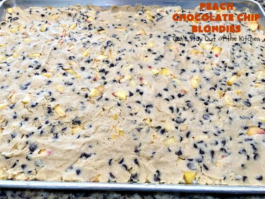 Peach Chocolate Chip Blondies | Can't Stay Out of the Kitchen | #peaches & #chocolatechips never tasted so well as they do in these amazing #cookies. This delicious #peachdessert will have you drooling after the first bite! #dessert #brownies #CANbassador #WashingtonStateFruitCommission #WashingtonState#stoneFruitGrowers