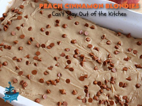 Peach Cinnamon Blondies | Can't Stay Out of the Kitchen | these rich, decadent #blondies will have you drooling from the first bite! They're made with fresh #peaches, #walnuts, #cinnamon & #CinnamonChips. These #cookies contain browned butter in the bar and the icing so they're incredibly delicious. Terrific for #tailgating, potlucks or backyard BBQs. #dessert #PeachDessert #PeachCinnamonBlondies
