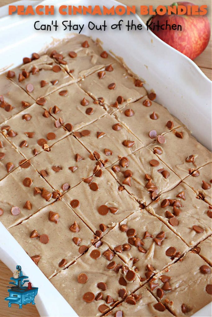 Peach Cinnamon Blondies | Can't Stay Out of the Kitchen | these rich, decadent #blondies will have you drooling from the first bite! They're made with fresh #peaches, #walnuts, #cinnamon & #CinnamonChips. These #cookies contain browned butter in the bar and the icing so they're incredibly delicious. Terrific for #tailgating, potlucks or backyard BBQs. #dessert #PeachDessert #PeachCinnamonBlondies
