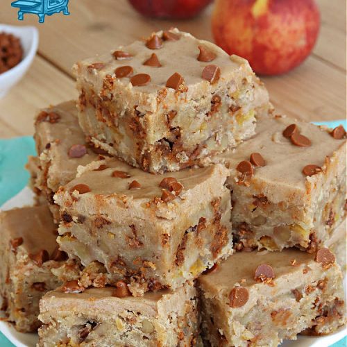 Peach Cinnamon Blondies | Can't Stay Out of the Kitchen | these rich, decadent #blondies will have you drooling from the first bite! They're made with fresh #peaches, #walnuts, #cinnamon & #CinnamonChips. These #cookies contain browned butter in the bar and the icing so they're incredibly delicious. Terrific for #tailgating, potlucks or backyard BBQs. #dessert #PeachDessert #PeachCinnamonBlondies