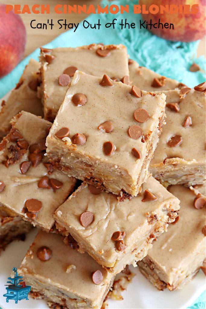 Peach Cinnamon Blondies | Can't Stay Out of the Kitchen | these rich, decadent #blondies will have you drooling from the first bite! They're made with fresh #peaches, #walnuts, #cinnamon & #CinnamonChips. These #cookies contain browned butter in the bar and the icing so they're incredibly delicious. Terrific for #tailgating, potlucks or backyard BBQs. #dessert #PeachDessert #PeachCinnamonBlondies