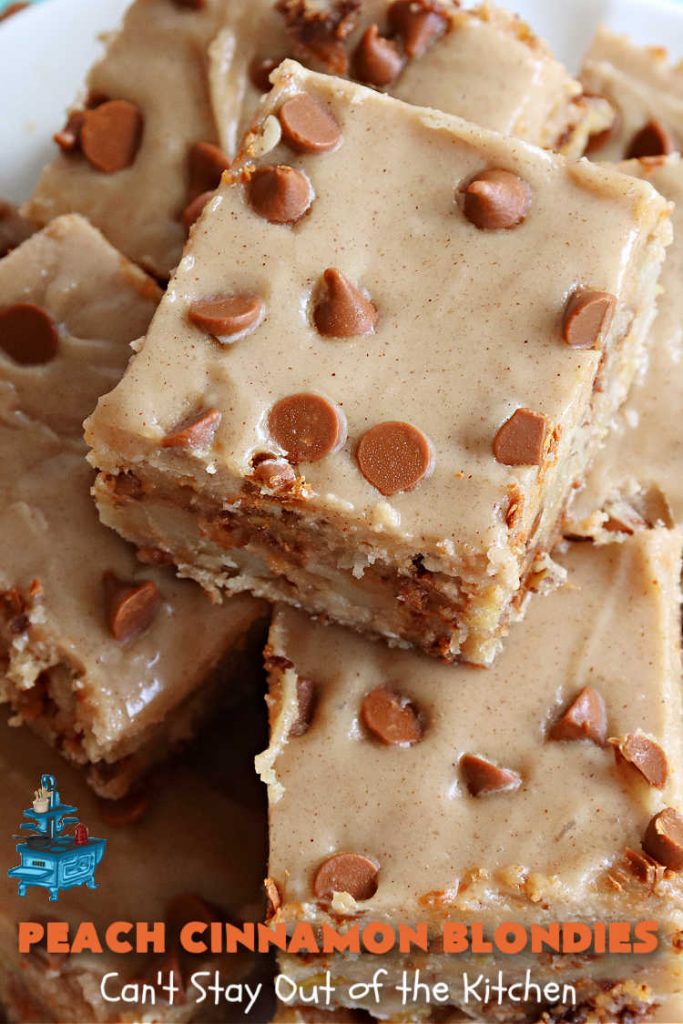 Peach Cinnamon Blondies | Can't Stay Out of the Kitchen | these rich, decadent #blondies will have you drooling from the first bite! They're made with fresh #peaches, #walnuts, #cinnamon & #CinnamonChips. These #cookies contain browned butter in the bar and the icing so they're incredibly delicious. Terrific for #tailgating, potlucks or backyard BBQs. #dessert #PeachDessert #PeachCinnamonBlondies