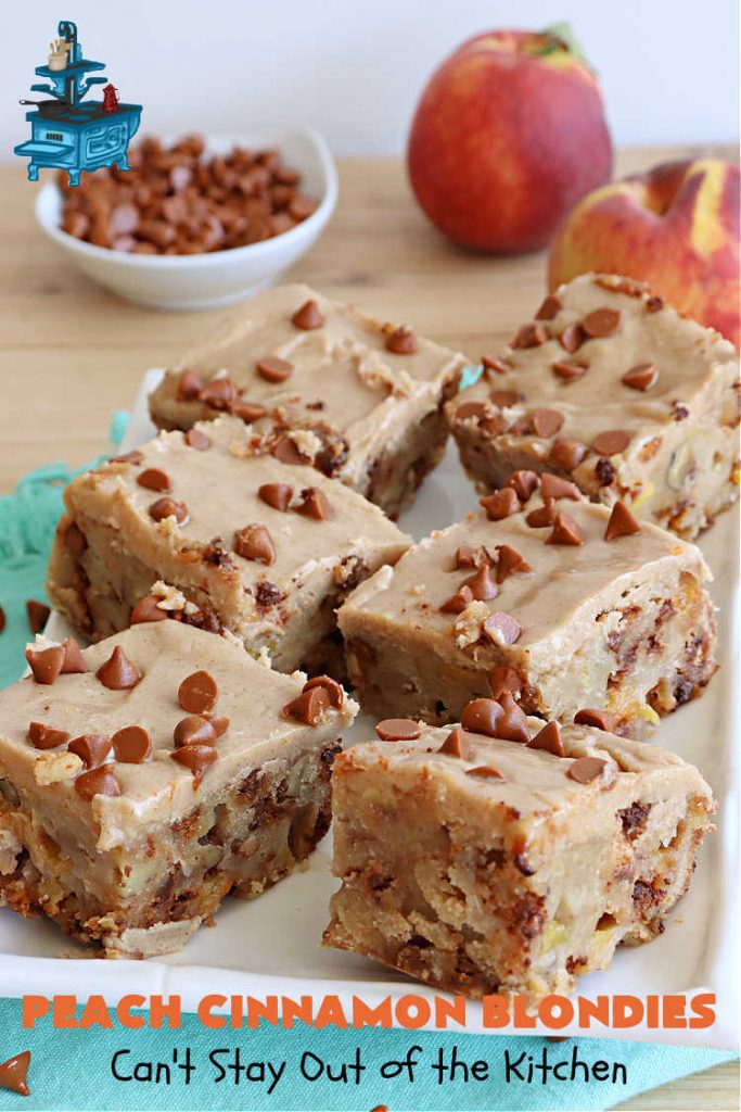 Peach Cinnamon Blondies | Can't Stay Out of the Kitchen | these rich, decadent #blondies will have you drooling from the first bite! They're made with fresh #peaches, #walnuts, #cinnamon & #CinnamonChips. These #cookies contain browned butter in the bar and the icing so they're incredibly delicious. Terrific for #tailgating, potlucks or backyard BBQs. #dessert #PeachDessert #PeachCinnamonBlondies