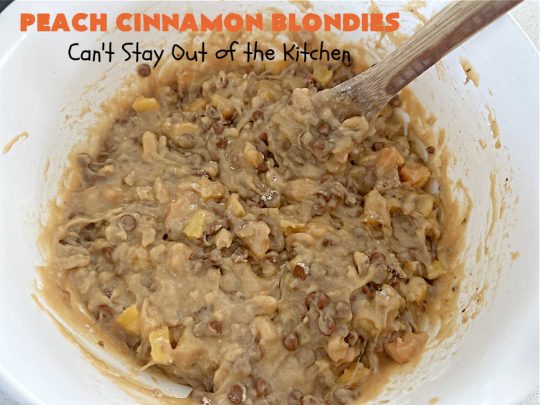 Peach Cinnamon Blondies | Can't Stay Out of the Kitchen | these rich, decadent #blondies will have you drooling from the first bite! They're made with fresh #peaches, #walnuts, #cinnamon & #CinnamonChips. These #cookies contain browned butter in the bar and the icing so they're incredibly delicious. Terrific for #tailgating, potlucks or backyard BBQs. #dessert #PeachDessert #PeachCinnamonBlondies