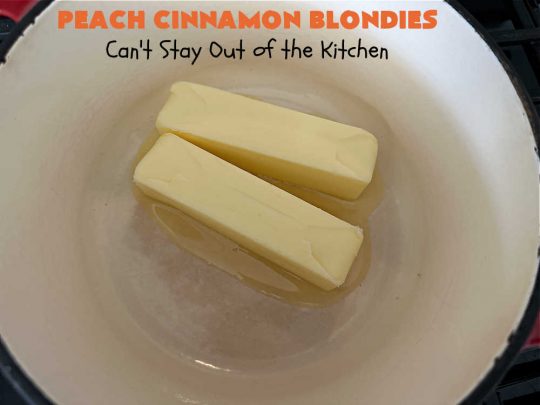 Peach Cinnamon Blondies | Can't Stay Out of the Kitchen | these rich, decadent #blondies will have you drooling from the first bite! They're made with fresh #peaches, #walnuts, #cinnamon & #CinnamonChips. These #cookies contain browned butter in the bar and the icing so they're incredibly delicious. Terrific for #tailgating, potlucks or backyard BBQs. #dessert #PeachDessert #PeachCinnamonBlondies