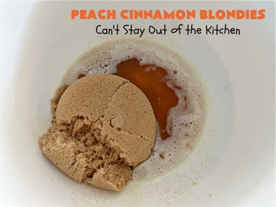 Peach Cinnamon Blondies | Can't Stay Out of the Kitchen | these rich, decadent #blondies will have you drooling from the first bite! They're made with fresh #peaches, #walnuts, #cinnamon & #CinnamonChips. These #cookies contain browned butter in the bar and the icing so they're incredibly delicious. Terrific for #tailgating, potlucks or backyard BBQs. #dessert #PeachDessert #PeachCinnamonBlondies