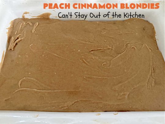 Peach Cinnamon Blondies | Can't Stay Out of the Kitchen | these rich, decadent #blondies will have you drooling from the first bite! They're made with fresh #peaches, #walnuts, #cinnamon & #CinnamonChips. These #cookies contain browned butter in the bar and the icing so they're incredibly delicious. Terrific for #tailgating, potlucks or backyard BBQs. #dessert #PeachDessert #PeachCinnamonBlondies