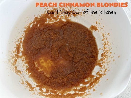 Peach Cinnamon Blondies | Can't Stay Out of the Kitchen | these rich, decadent #blondies will have you drooling from the first bite! They're made with fresh #peaches, #walnuts, #cinnamon & #CinnamonChips. These #cookies contain browned butter in the bar and the icing so they're incredibly delicious. Terrific for #tailgating, potlucks or backyard BBQs. #dessert #PeachDessert #PeachCinnamonBlondies