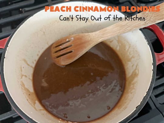 Peach Cinnamon Blondies | Can't Stay Out of the Kitchen | these rich, decadent #blondies will have you drooling from the first bite! They're made with fresh #peaches, #walnuts, #cinnamon & #CinnamonChips. These #cookies contain browned butter in the bar and the icing so they're incredibly delicious. Terrific for #tailgating, potlucks or backyard BBQs. #dessert #PeachDessert #PeachCinnamonBlondies