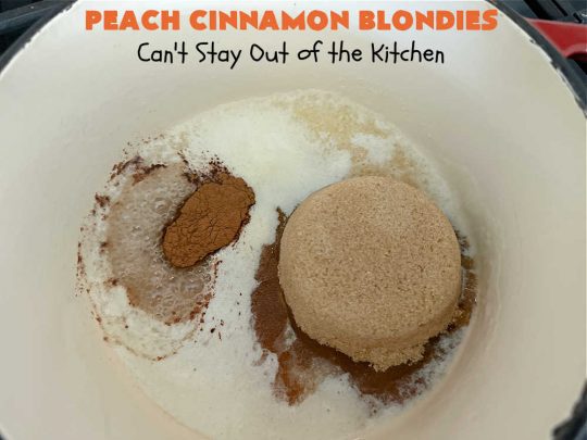 Peach Cinnamon Blondies | Can't Stay Out of the Kitchen | these rich, decadent #blondies will have you drooling from the first bite! They're made with fresh #peaches, #walnuts, #cinnamon & #CinnamonChips. These #cookies contain browned butter in the bar and the icing so they're incredibly delicious. Terrific for #tailgating, potlucks or backyard BBQs. #dessert #PeachDessert #PeachCinnamonBlondies