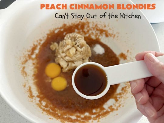 Peach Cinnamon Blondies | Can't Stay Out of the Kitchen | these rich, decadent #blondies will have you drooling from the first bite! They're made with fresh #peaches, #walnuts, #cinnamon & #CinnamonChips. These #cookies contain browned butter in the bar and the icing so they're incredibly delicious. Terrific for #tailgating, potlucks or backyard BBQs. #dessert #PeachDessert #PeachCinnamonBlondies