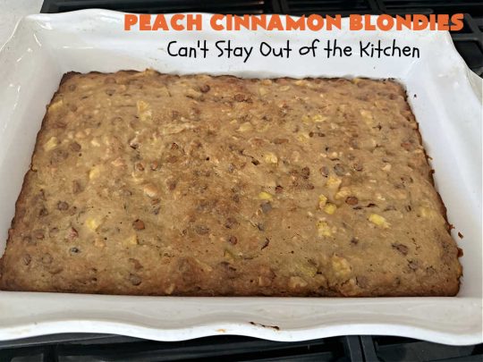 Peach Cinnamon Blondies | Can't Stay Out of the Kitchen | these rich, decadent #blondies will have you drooling from the first bite! They're made with fresh #peaches, #walnuts, #cinnamon & #CinnamonChips. These #cookies contain browned butter in the bar and the icing so they're incredibly delicious. Terrific for #tailgating, potlucks or backyard BBQs. #dessert #PeachDessert #PeachCinnamonBlondies