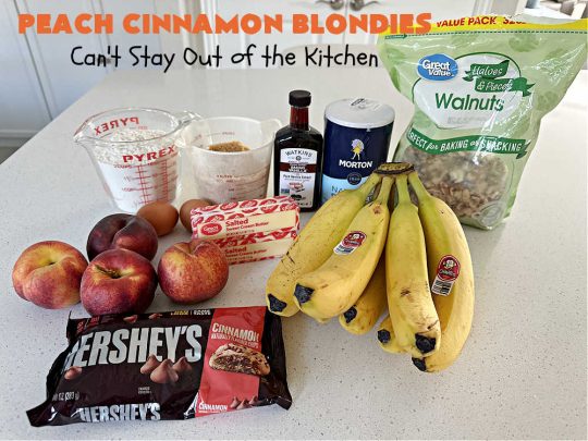 Peach Cinnamon Blondies | Can't Stay Out of the Kitchen | these rich, decadent #blondies will have you drooling from the first bite! They're made with fresh #peaches, #walnuts, #cinnamon & #CinnamonChips. These #cookies contain browned butter in the bar and the icing so they're incredibly delicious. Terrific for #tailgating, potlucks or backyard BBQs. #dessert #PeachDessert #PeachCinnamonBlondies