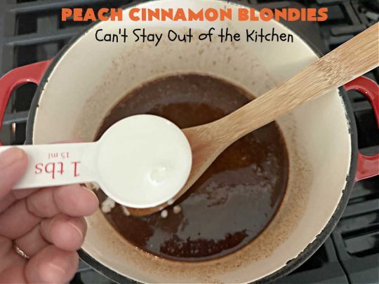 Peach Cinnamon Blondies | Can't Stay Out of the Kitchen | these rich, decadent #blondies will have you drooling from the first bite! They're made with fresh #peaches, #walnuts, #cinnamon & #CinnamonChips. These #cookies contain browned butter in the bar and the icing so they're incredibly delicious. Terrific for #tailgating, potlucks or backyard BBQs. #dessert #PeachDessert #PeachCinnamonBlondies
