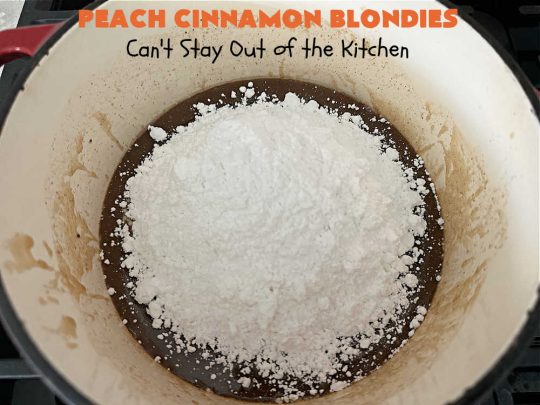 Peach Cinnamon Blondies | Can't Stay Out of the Kitchen | these rich, decadent #blondies will have you drooling from the first bite! They're made with fresh #peaches, #walnuts, #cinnamon & #CinnamonChips. These #cookies contain browned butter in the bar and the icing so they're incredibly delicious. Terrific for #tailgating, potlucks or backyard BBQs. #dessert #PeachDessert #PeachCinnamonBlondies