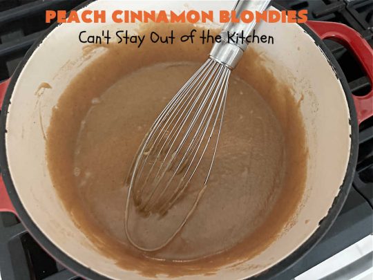 Peach Cinnamon Blondies | Can't Stay Out of the Kitchen | these rich, decadent #blondies will have you drooling from the first bite! They're made with fresh #peaches, #walnuts, #cinnamon & #CinnamonChips. These #cookies contain browned butter in the bar and the icing so they're incredibly delicious. Terrific for #tailgating, potlucks or backyard BBQs. #dessert #PeachDessert #PeachCinnamonBlondies