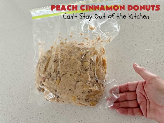Peach Cinnamon Donuts | Can't Stay Out of the Kitchen | these scrumptious #donuts are so rich & decadent it's like eating #dessert! They're filled with fresh #peaches, #cinnamon & #CinnamonChips & then dipped in a #CinnamonSugar mixture. Fabulous for a weekend, company or #holiday #breakfast. #HolidayBreakfast #PeachCinnamonDonuts