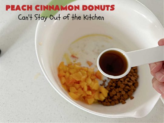 Peach Cinnamon Donuts | Can't Stay Out of the Kitchen | these scrumptious #donuts are so rich & decadent it's like eating #dessert! They're filled with fresh #peaches, #cinnamon & #CinnamonChips & then dipped in a #CinnamonSugar mixture. Fabulous for a weekend, company or #holiday #breakfast. #HolidayBreakfast #PeachCinnamonDonuts
