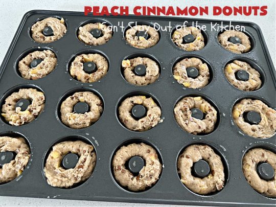 Peach Cinnamon Donuts | Can't Stay Out of the Kitchen | these scrumptious #donuts are so rich & decadent it's like eating #dessert! They're filled with fresh #peaches, #cinnamon & #CinnamonChips & then dipped in a #CinnamonSugar mixture. Fabulous for a weekend, company or #holiday #breakfast. #HolidayBreakfast #PeachCinnamonDonuts