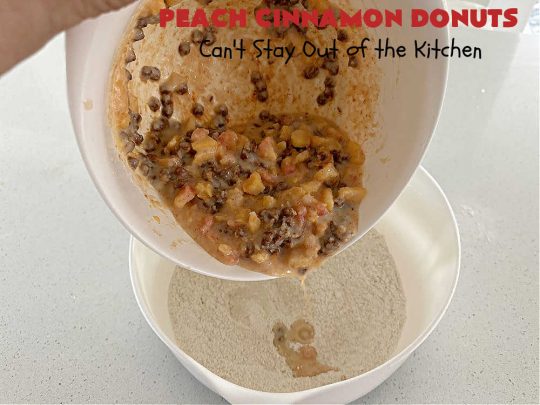 Peach Cinnamon Donuts | Can't Stay Out of the Kitchen | these scrumptious #donuts are so rich & decadent it's like eating #dessert! They're filled with fresh #peaches, #cinnamon & #CinnamonChips & then dipped in a #CinnamonSugar mixture. Fabulous for a weekend, company or #holiday #breakfast. #HolidayBreakfast #PeachCinnamonDonuts